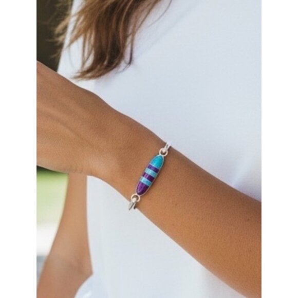 VTG 925 Sterling Silver Turquoise & Sugilite Inlay Hinged Bangle Bracelet Mexico - Picture 1 of 12